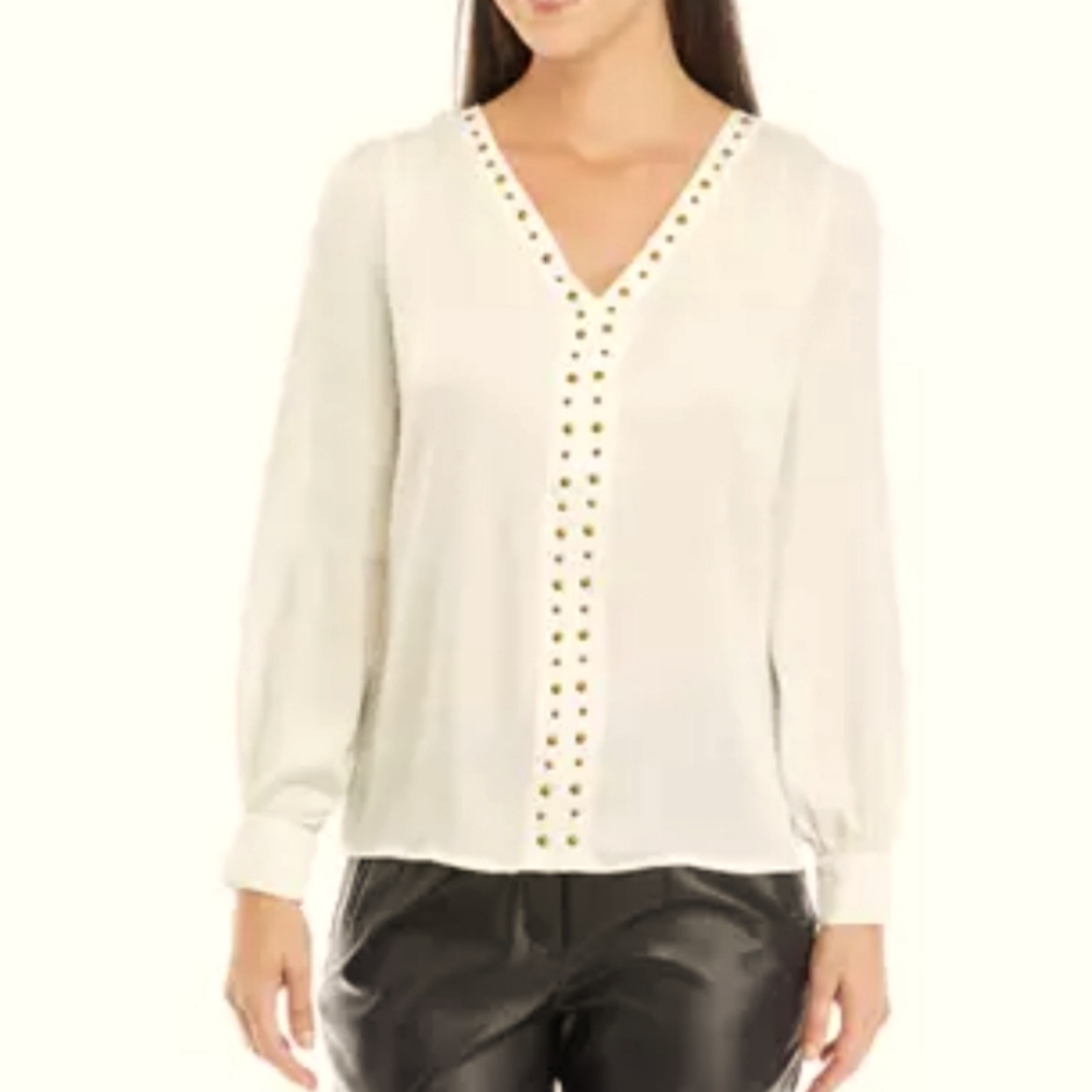 Carmen Marc Valvo  V-Neck Stud Front Blouse Sz M NWT